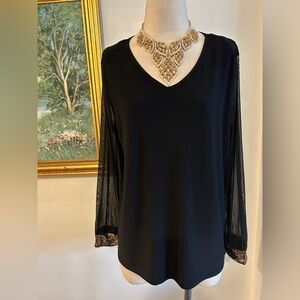 Anne Klein NWT black v neck gold cuffs sheer sleeves tunic SZ L